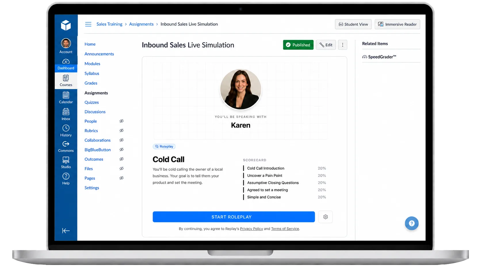 A Replay AI roleplay embedded inside a course in the LMS